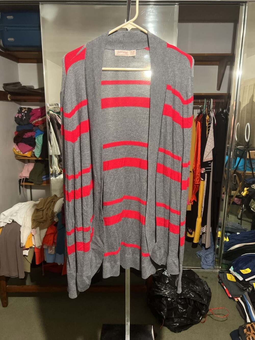 Faded Glory Gray and Red Striped Open Front Cardigan XXL